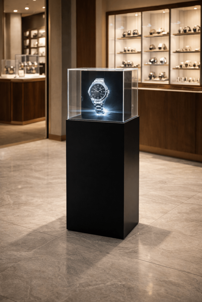 retail hologram display showcasing products with immersive 3D visuals in showroom