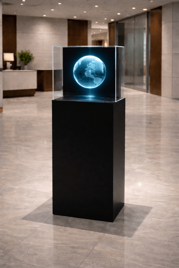 corporate lobby hologram display presenting branded messaging in professional environment