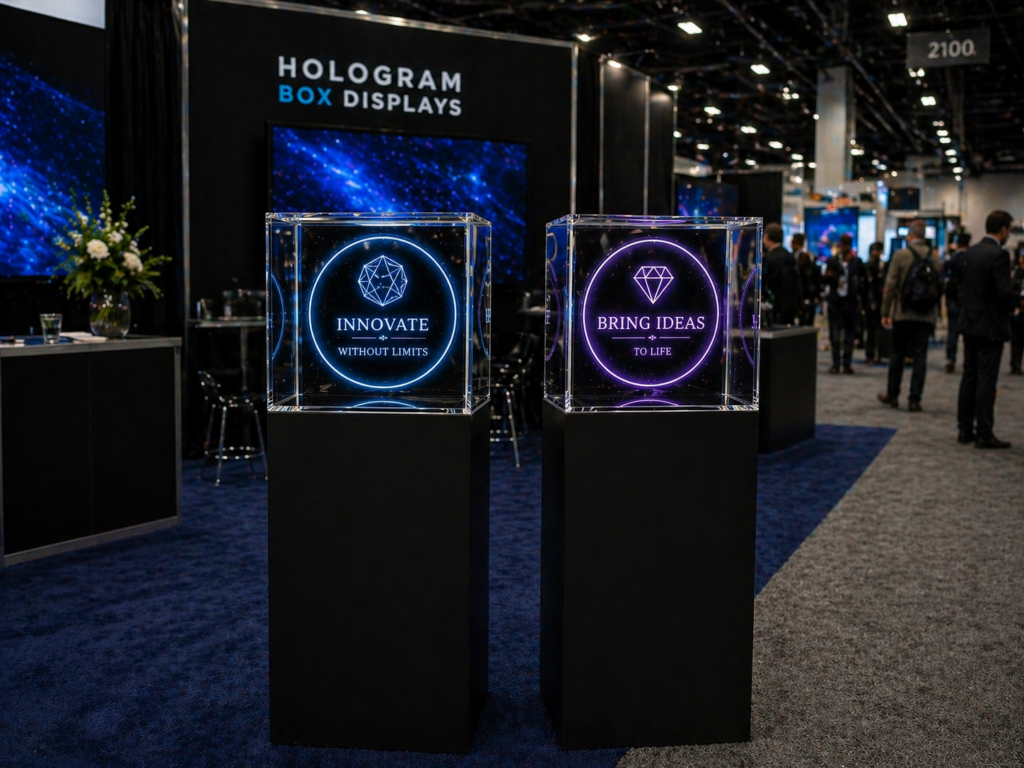 trade show hologram box positioned at trade show aisle entrance with digital 3D content