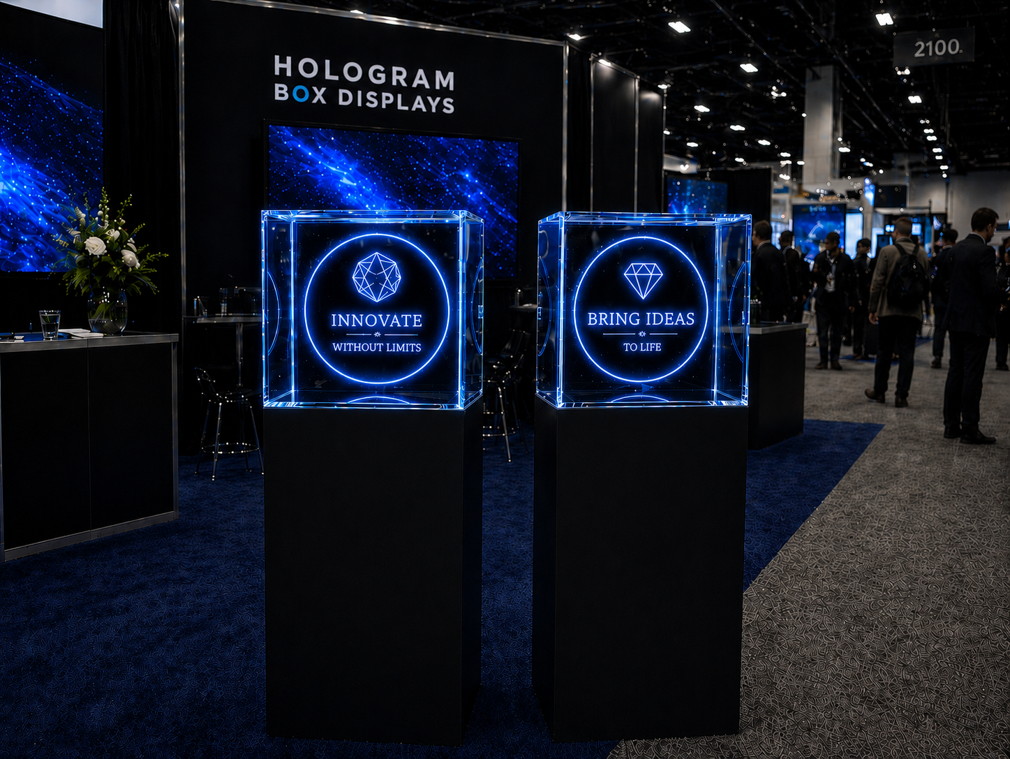 trade show hologram box positioned at trade show aisle entrance with digital 3D content